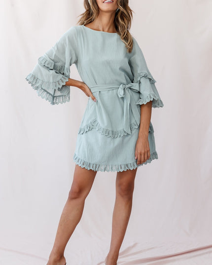 Sage Waist Tie Lace Trim Dress