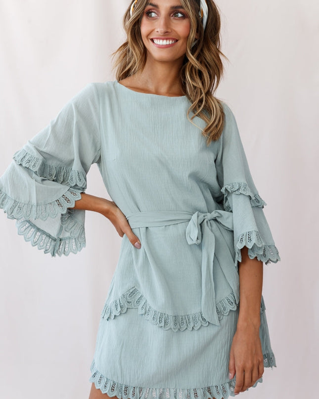 Sage Waist Tie Lace Trim Dress