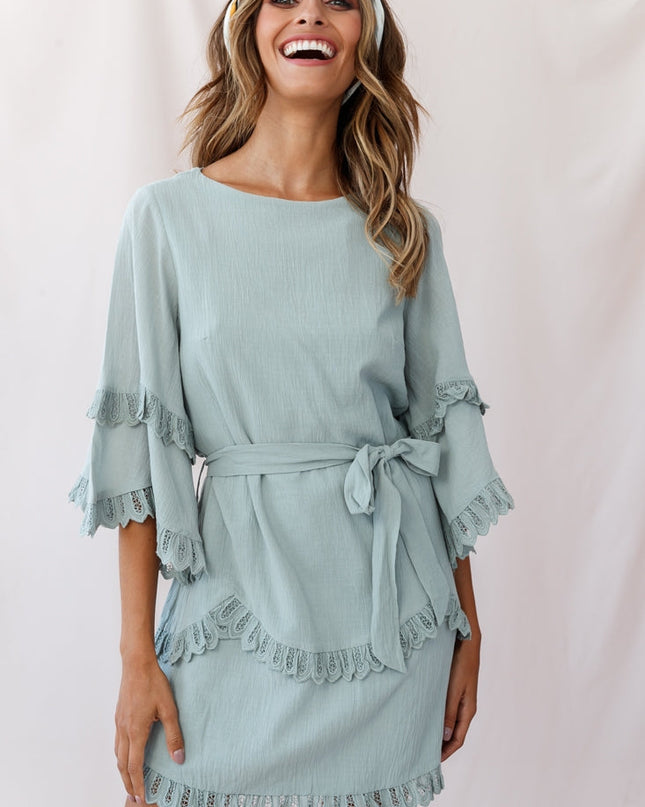 Sage Waist Tie Lace Trim Dress