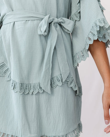 Sage Waist Tie Lace Trim Dress
