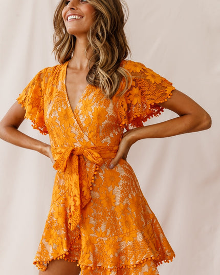 Cami Angel Sleeve Faux Wrap Dress Orange Sunset
