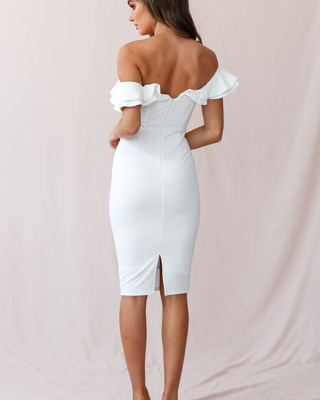White Ruffled Off The Shoulder Bodycon Dress