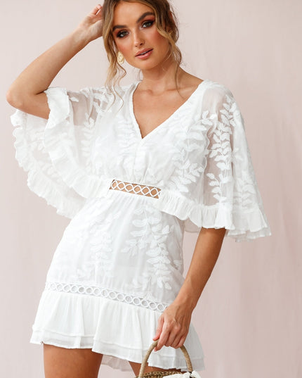 White Leafy Embroidered Dress