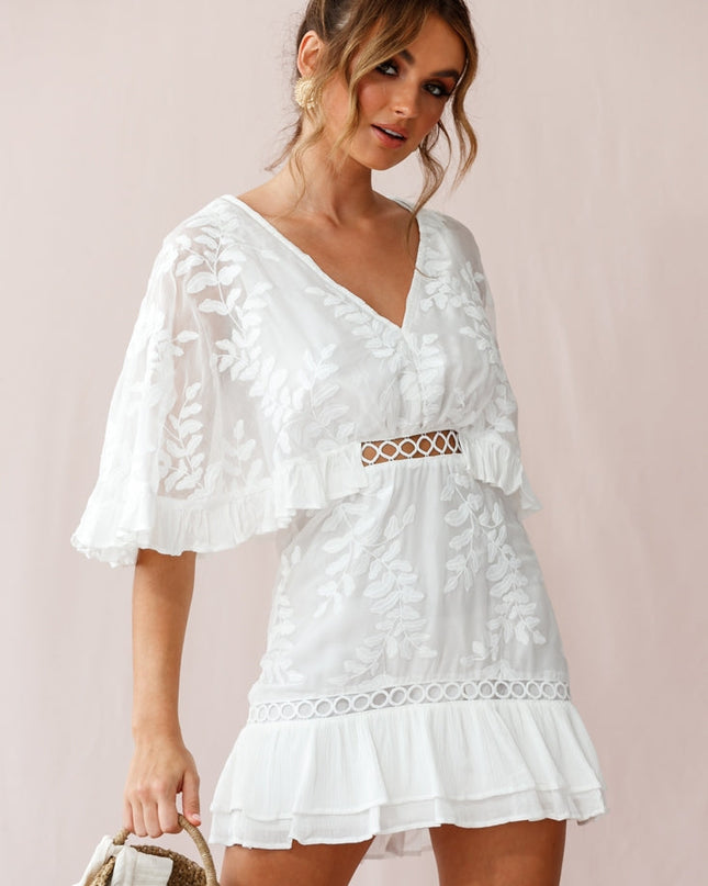 White Leafy Embroidered Dress