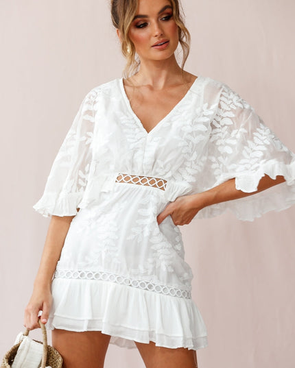 White Leafy Embroidered Dress