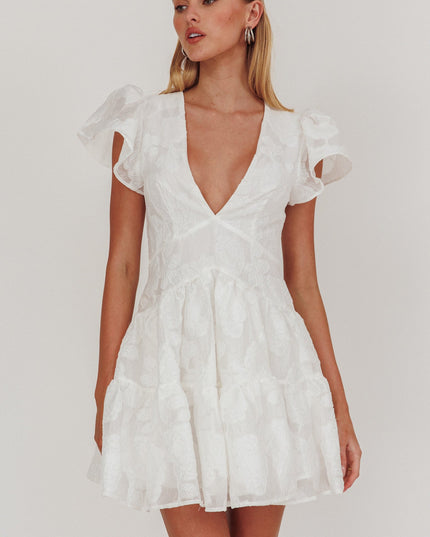 White Ruffle Sleeve V-Neck Mini Dress Textured