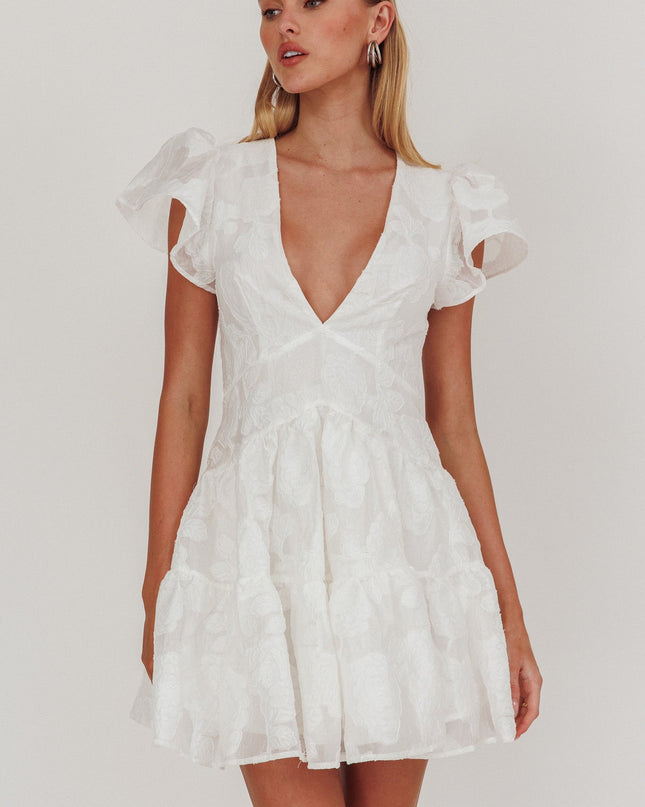 White Ruffle Sleeve V-Neck Mini Dress Textured
