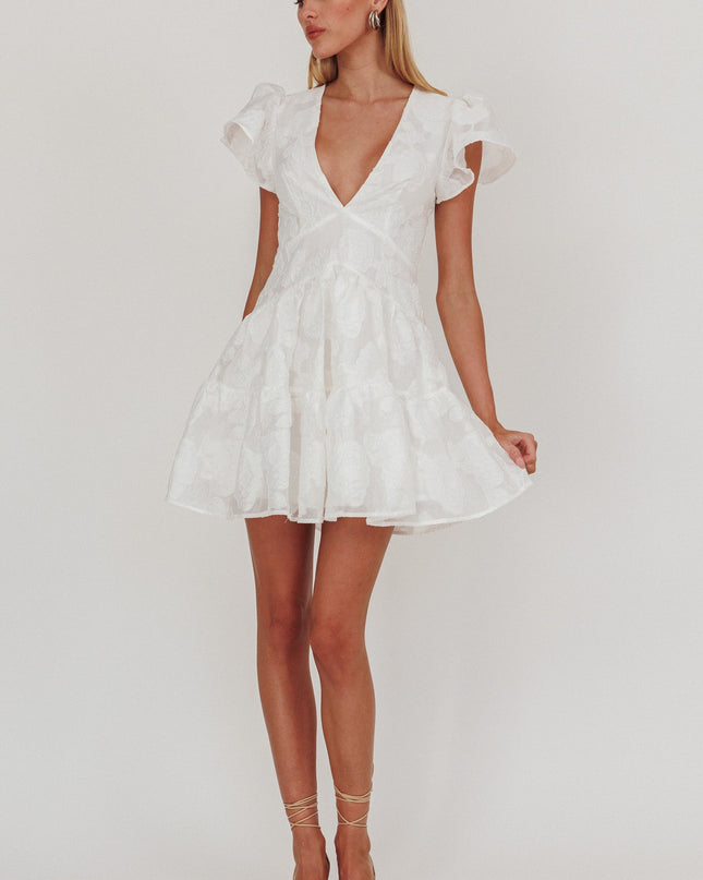 White Ruffle Sleeve V-Neck Mini Dress Textured