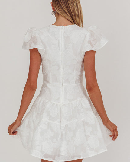 White Ruffle Sleeve V-Neck Mini Dress Textured