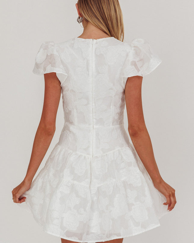 White Ruffle Sleeve V-Neck Mini Dress Textured