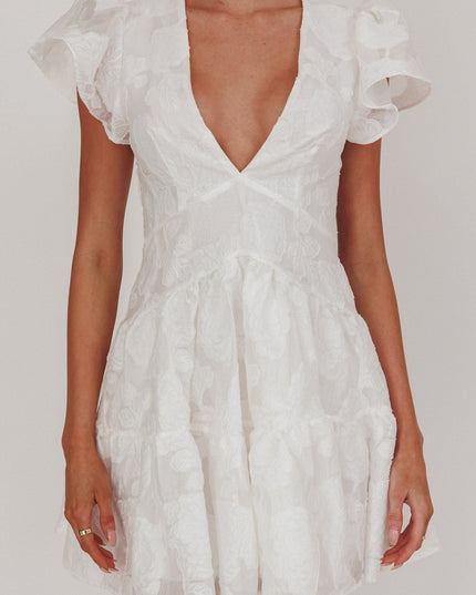 White Ruffle Sleeve V-Neck Mini Dress Textured