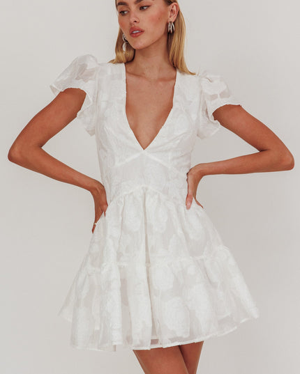 White Ruffle Sleeve V-Neck Mini Dress Textured
