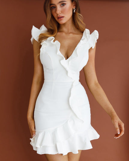 White Ruffle Shoulder Low Back Dress