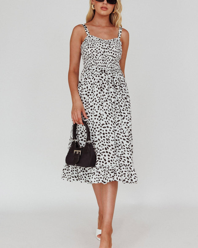 White/Black Honey Shirred Frill Midi Dress