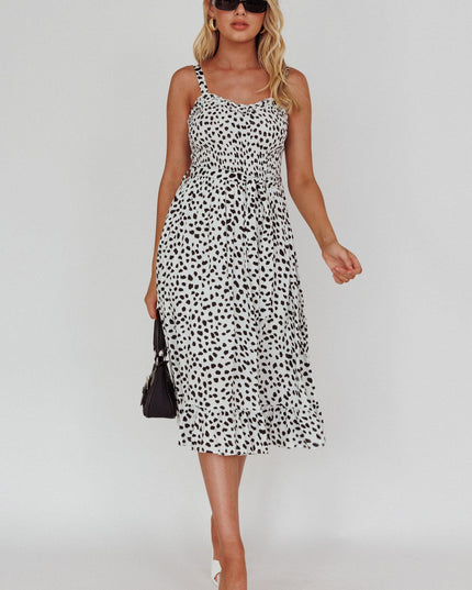 White/Black Honey Shirred Frill Midi Dress