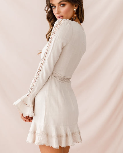 Beige Flare Cuff Waist Tie Dress
