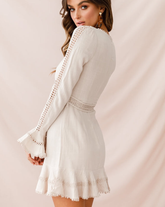 Beige Flare Cuff Waist Tie Dress
