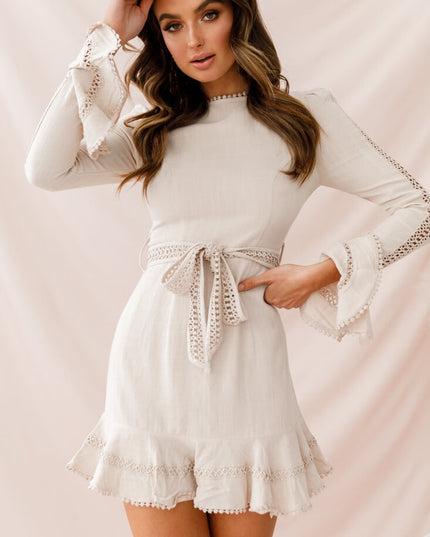 Beige Flare Cuff Waist Tie Dress