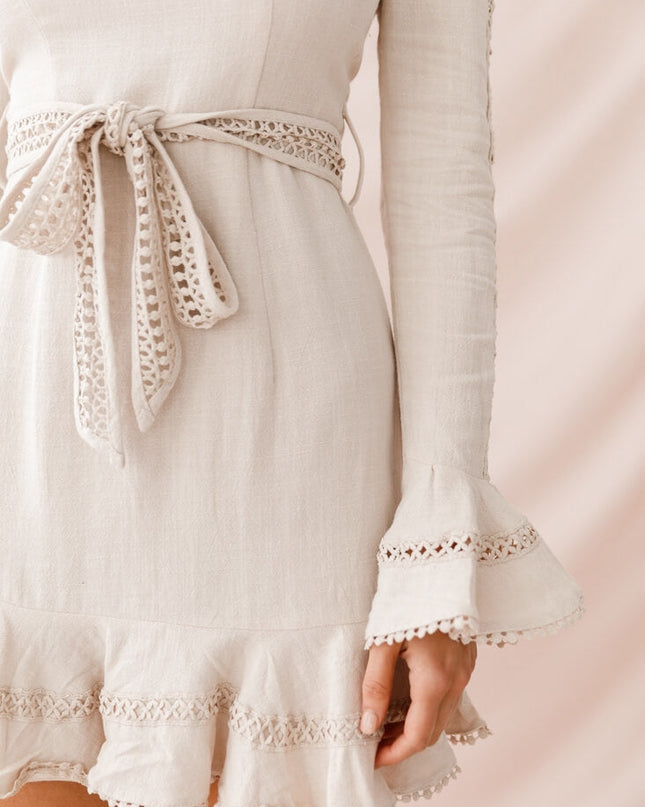 Beige Flare Cuff Waist Tie Dress