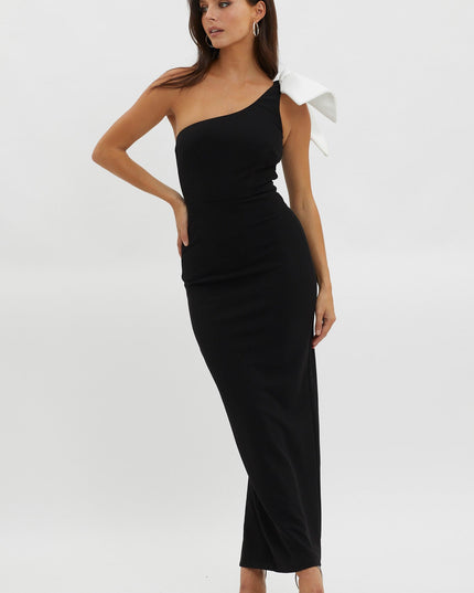 Black One-Shoulder Bow Maxi Dress