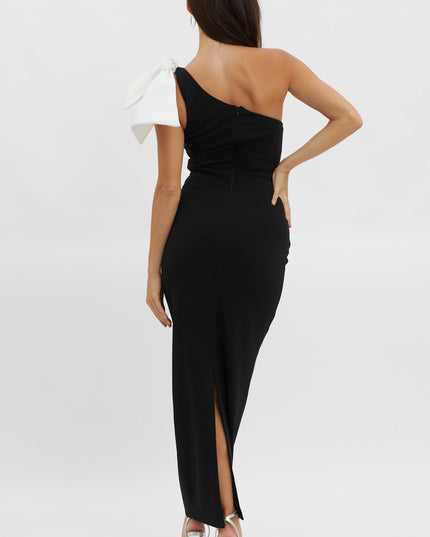 Black One-Shoulder Bow Maxi Dress