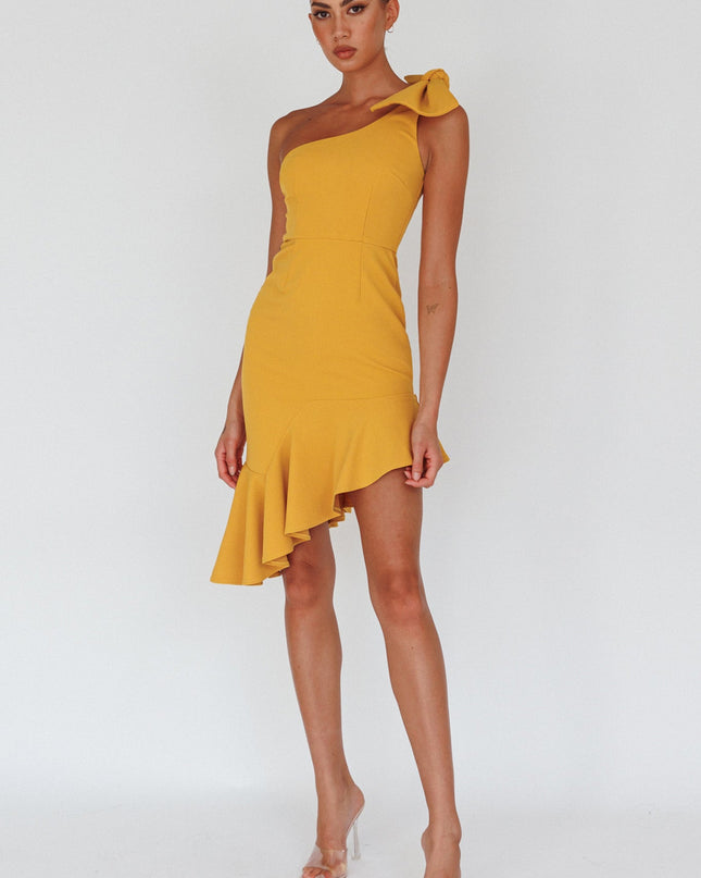 Mustard One-Shoulder Bow Dress