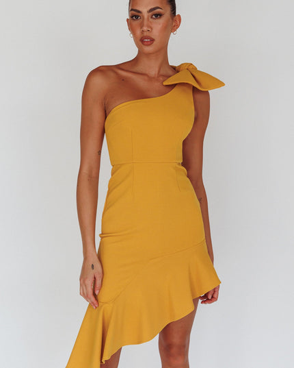 Mustard One-Shoulder Bow Dress