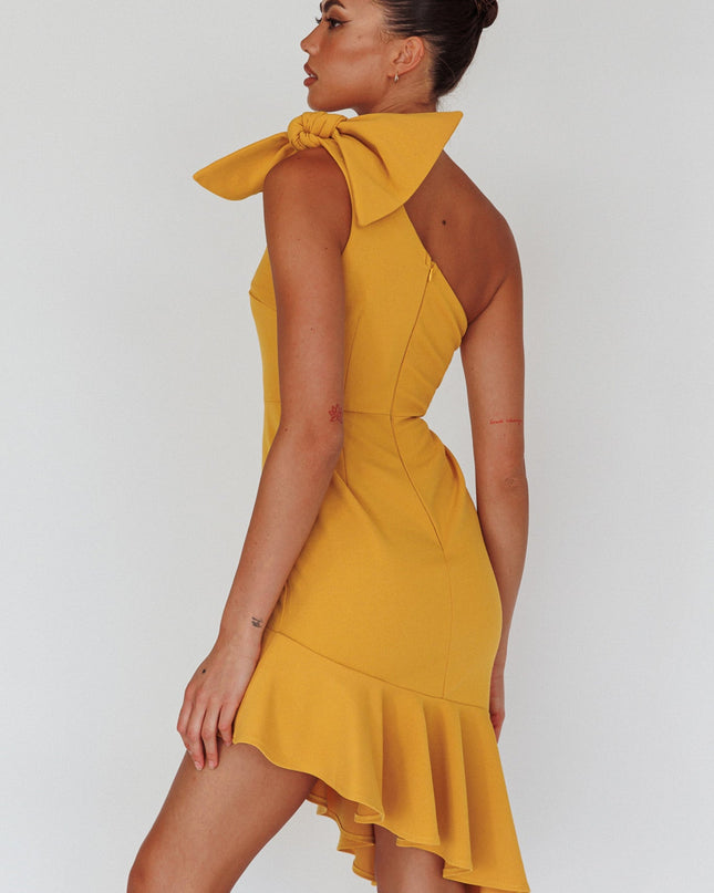 Mustard One-Shoulder Bow Dress