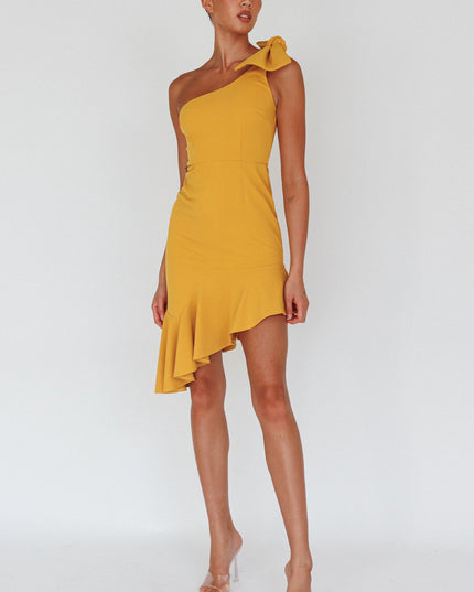 Mustard One-Shoulder Bow Dress