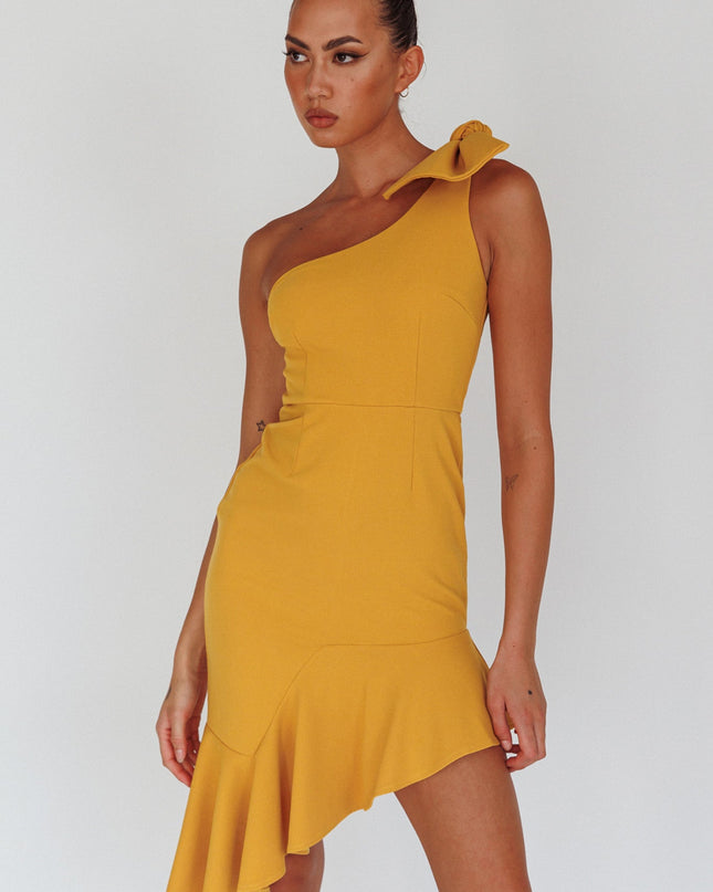 Mustard One-Shoulder Bow Dress