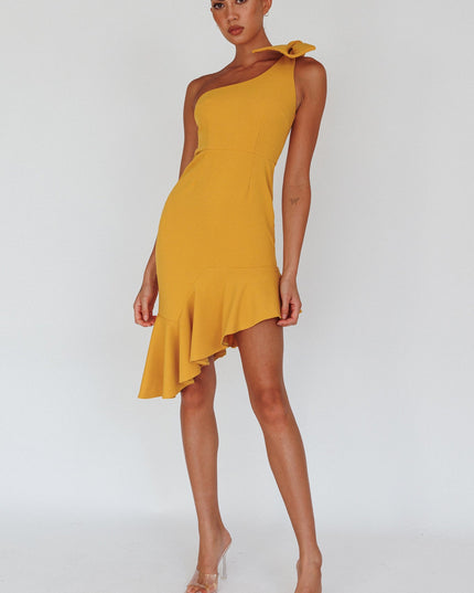 Mustard One-Shoulder Bow Dress