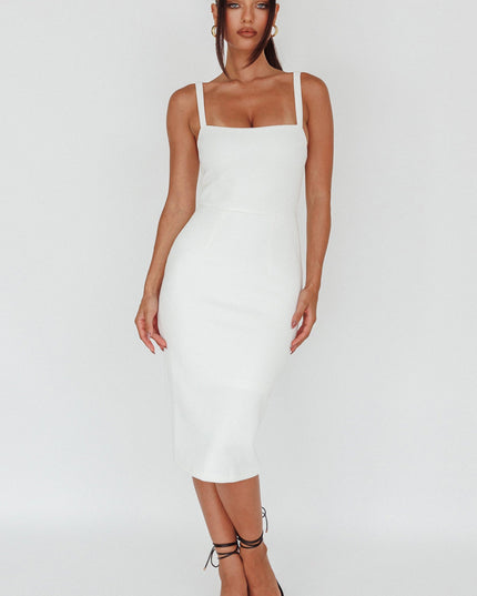 White Square Neckline Midi Dress
