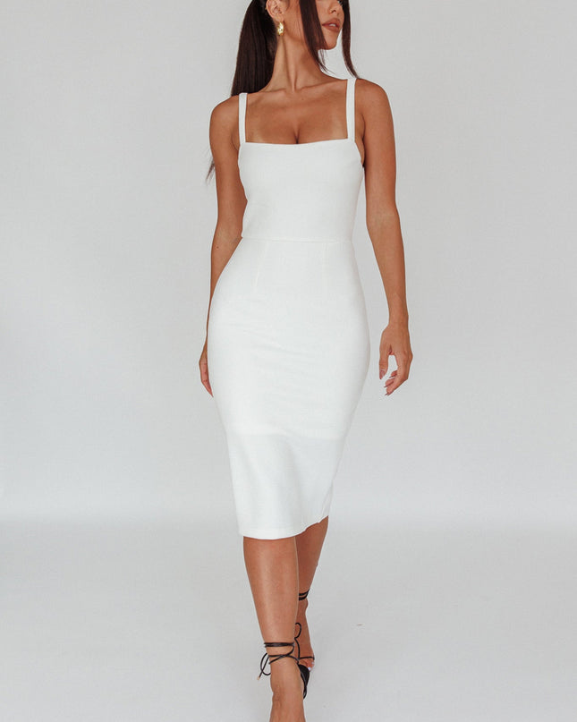 White Square Neckline Midi Dress