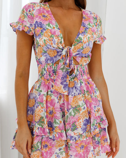 Multi Bow-Tie Front Layered Frill Dress Floral Print White