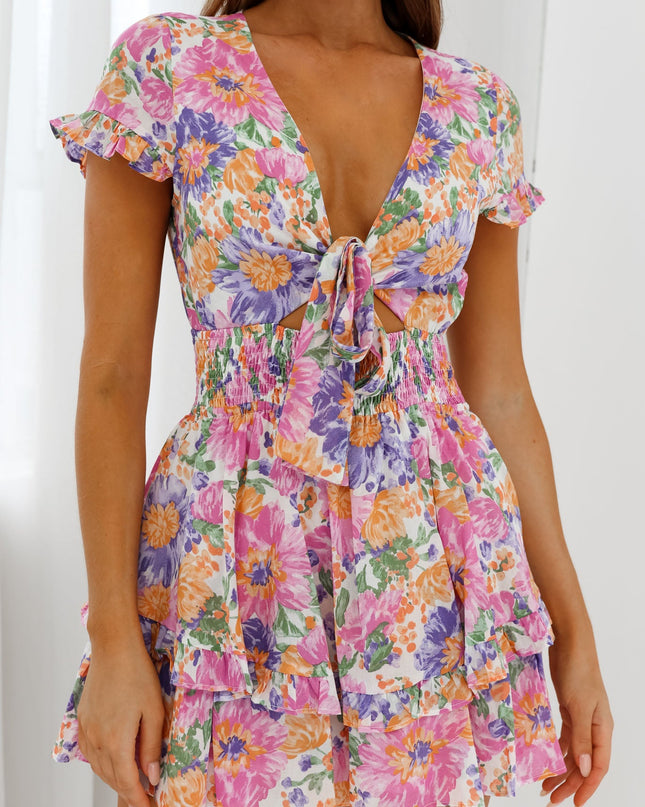 Multi Bow-Tie Front Layered Frill Dress Floral Print White