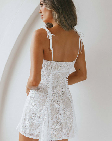 White Ruched Bust Godet Dress Lace