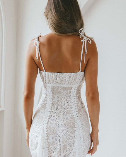 White Ruched Bust Godet Dress Lace