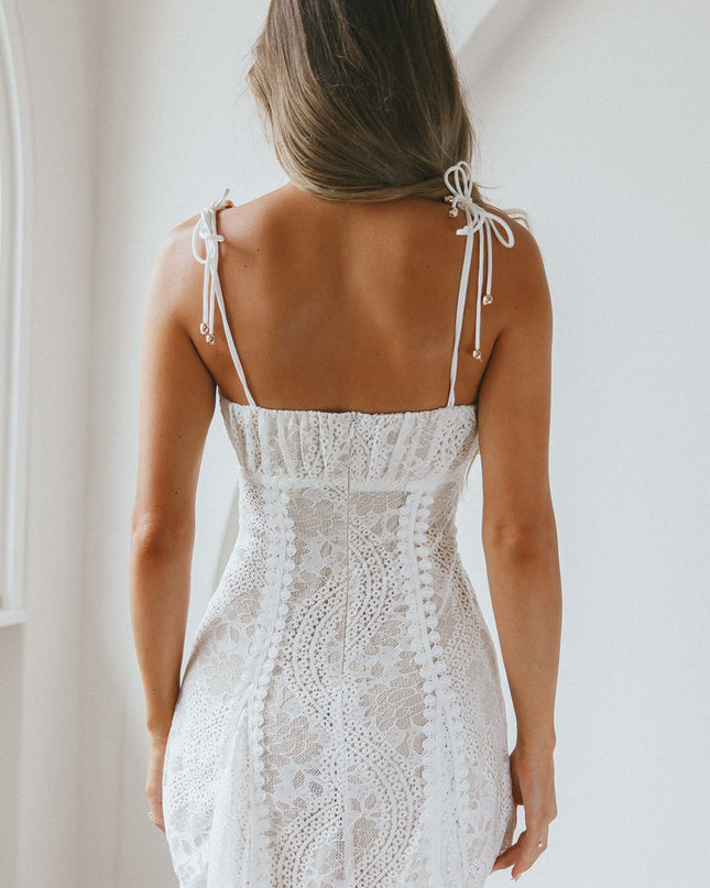 White Ruched Bust Godet Dress Lace