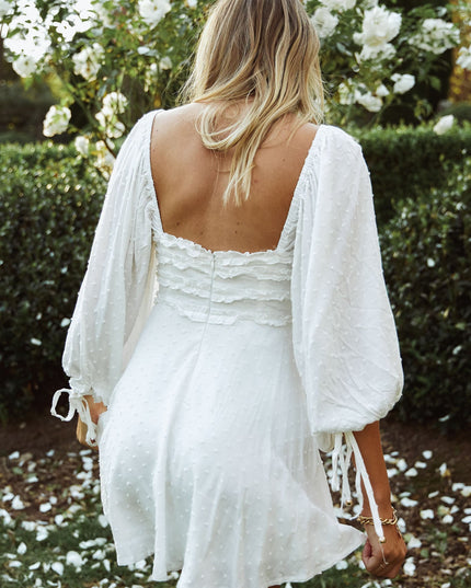 White Three-Quarter Balloon Sleeve Frill Bodice Dress