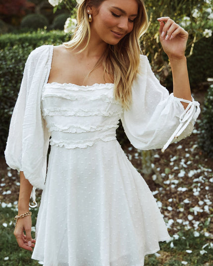 White Three-Quarter Balloon Sleeve Frill Bodice Dress