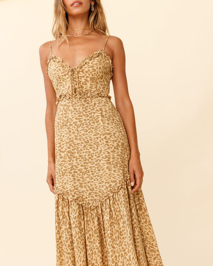 Khaki Frill Trim Maxi Dress Leopard Print