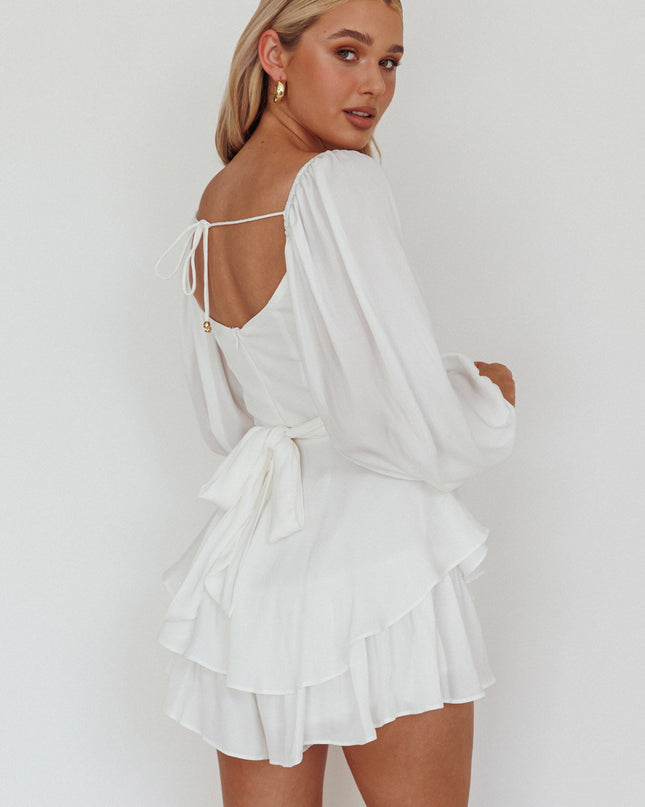 White Long Sleeve Flounce Romper