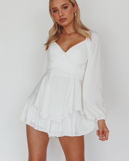White Long Sleeve Flounce Romper