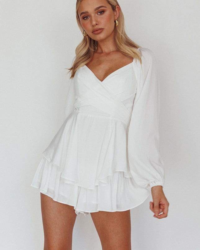 White Long Sleeve Flounce Romper