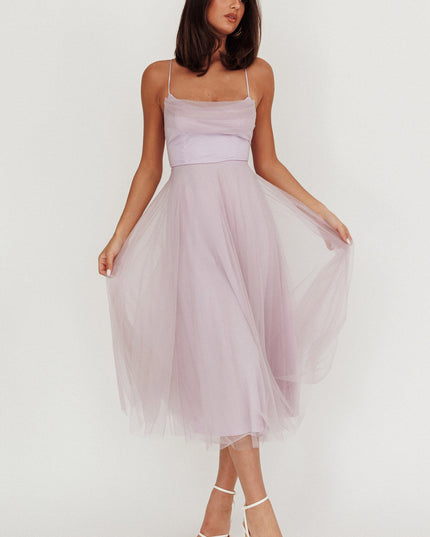 Lilac Pleated Neckline Mesh Midi Dress