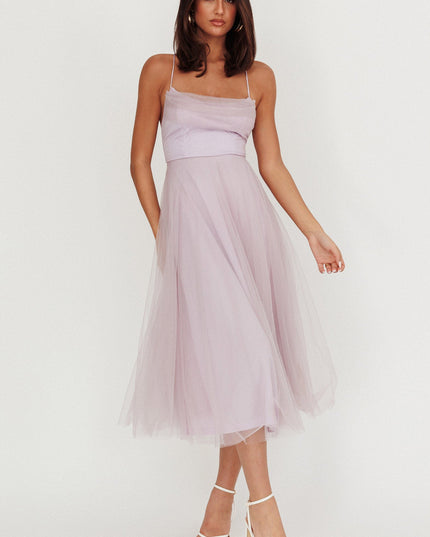 Lilac Pleated Neckline Mesh Midi Dress