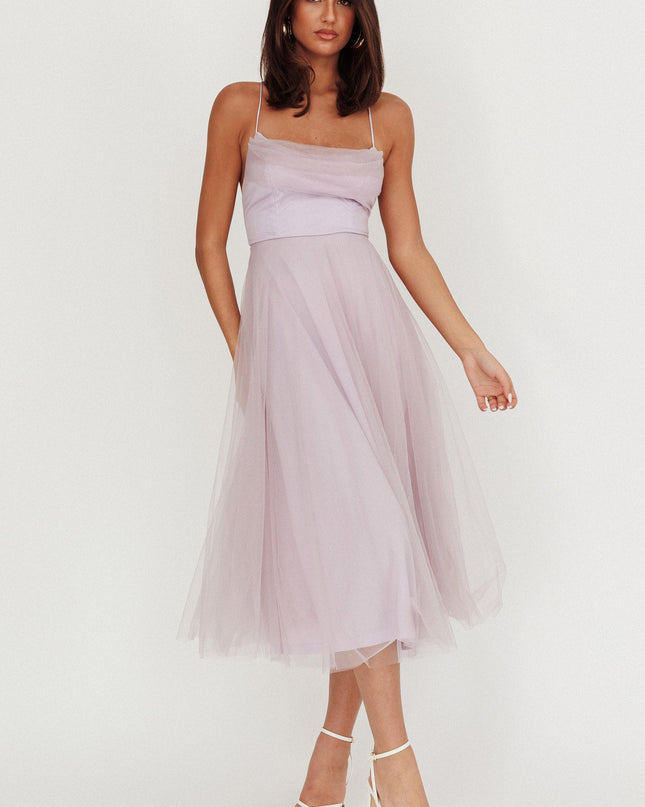 Lilac Pleated Neckline Mesh Midi Dress