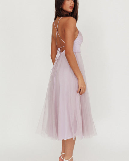 Lilac Pleated Neckline Mesh Midi Dress