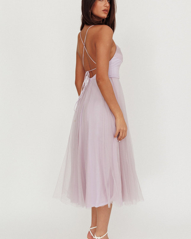 Lilac Pleated Neckline Mesh Midi Dress