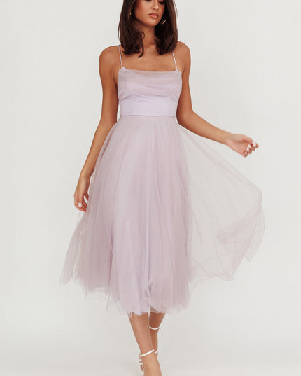 Lilac Pleated Neckline Mesh Midi Dress